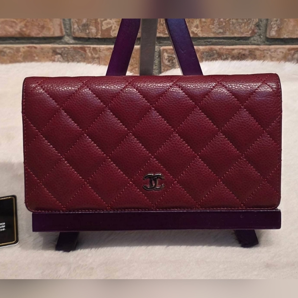 Authentic Chanel Quilted Caviar Long Flap Wallet - Silver Hardware